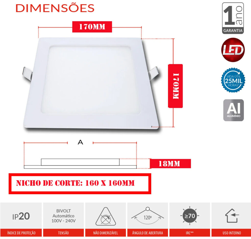 Painel Plafon LED Embutir Quadrado 12W 17x17cm Branco Frio - Imagem 3