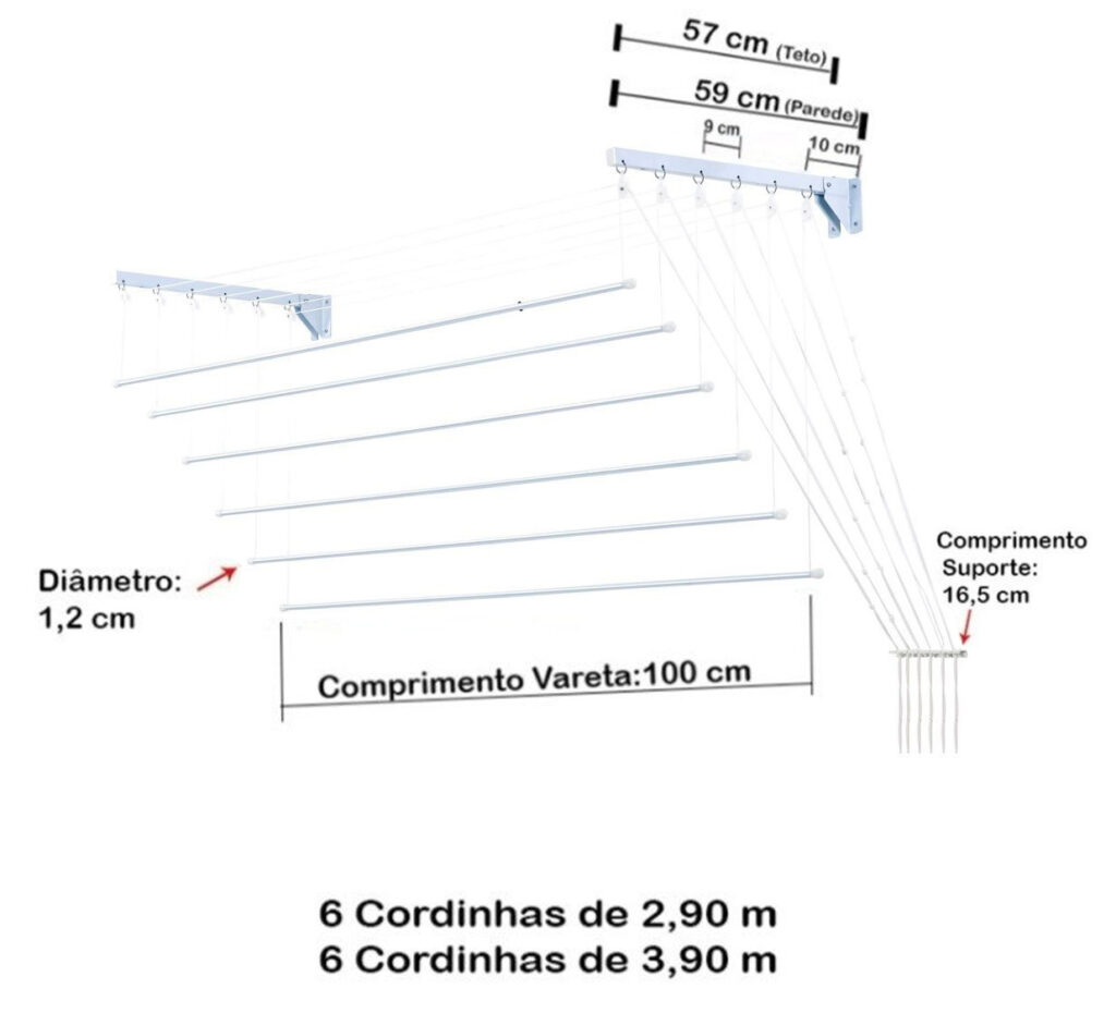 Varal de Teto e Parede Prático 6 Varetas 1,00m Aço - Imagem 4