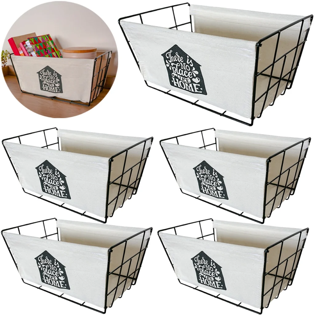 Kit 5 Cestos Organizadores Aço e Tecido Médios 30x20x15cm