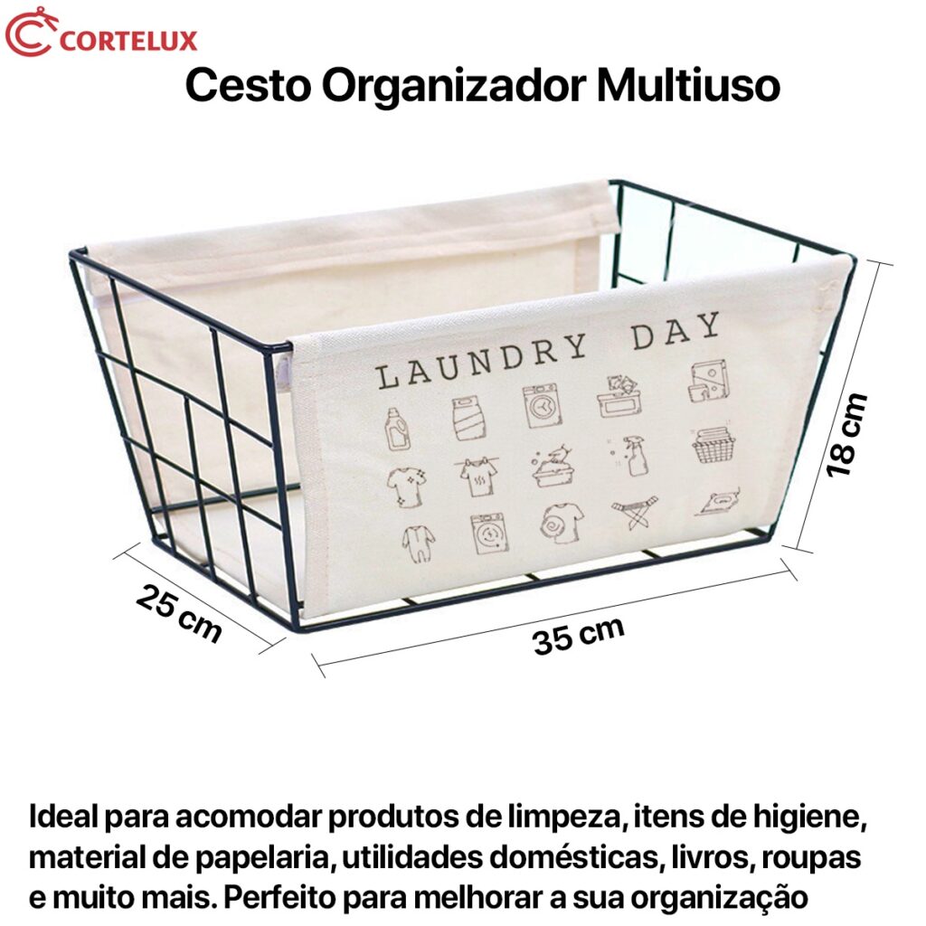 Kit 2 Cestos Organizadores Aço e Tecido Pequeno e Grande - Imagem 5