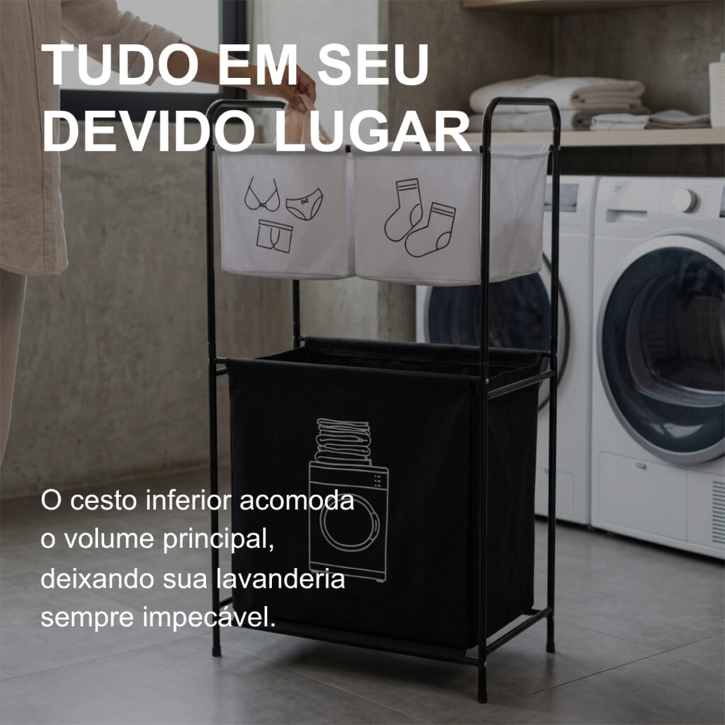 Cesto de Roupa Suja Vertical 3 Compartimentos Secalux - Imagem 8