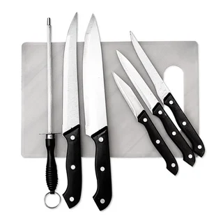 Jogo de Facas Inox para Churrasco 7 Peças com Tábua e Chaira