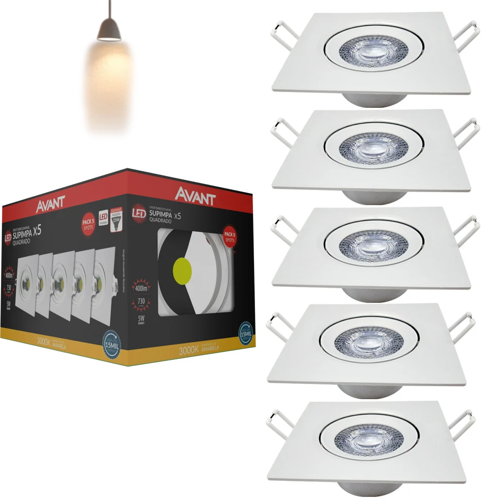 Spot LED de Embutir Direcionável Quadrado Kit 5