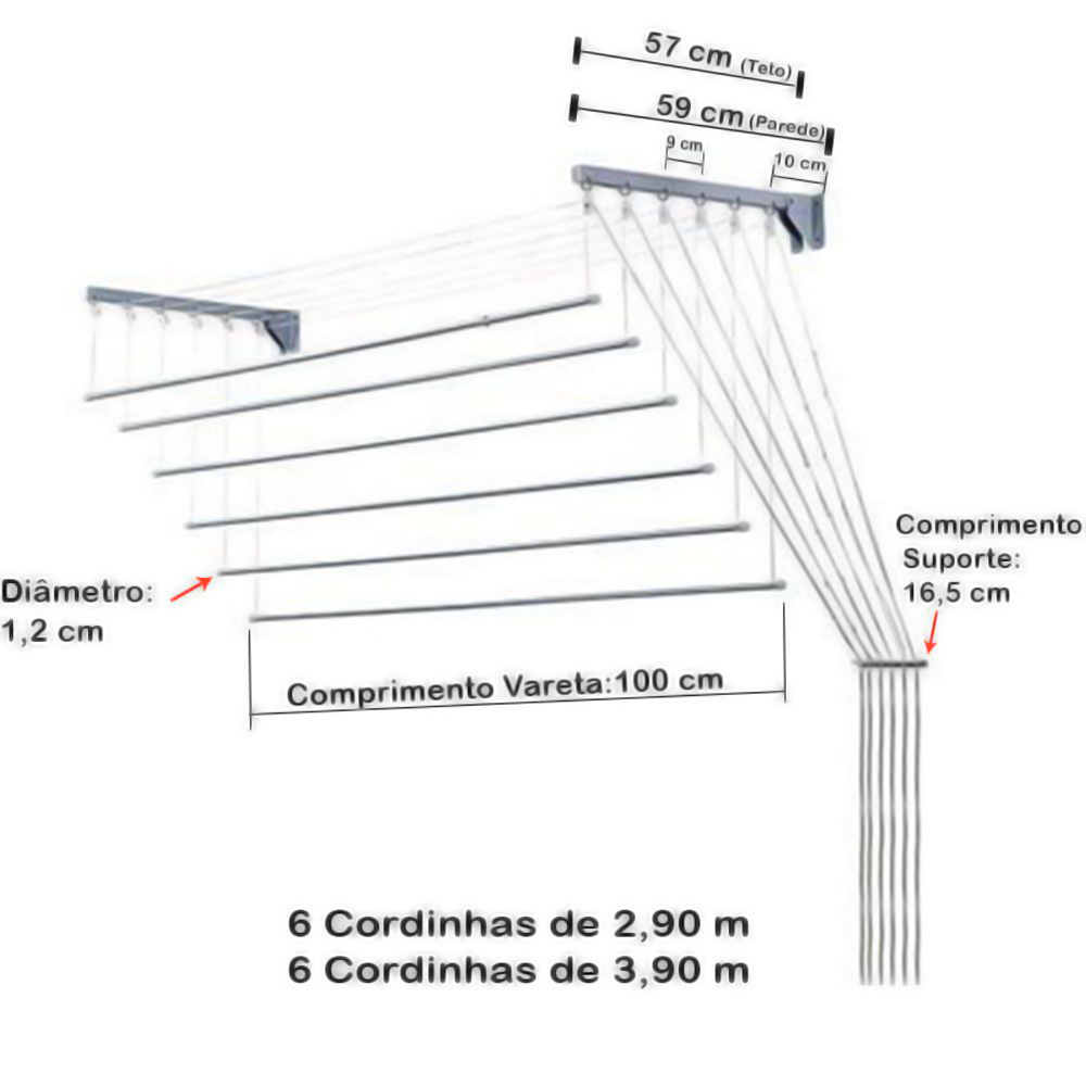 Varal de Teto e Parede Prático 6 Varetas 1,00m Alumínio - Imagem 4