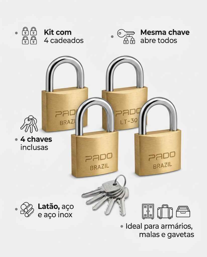 Cadeado de Latão 30mm Mesma Chave Kit 4 Pado - Imagem 5