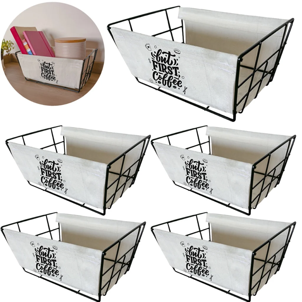 Kit 5 Cestos Organizadores Aço e Tecido Pequenos 26x19x12cm