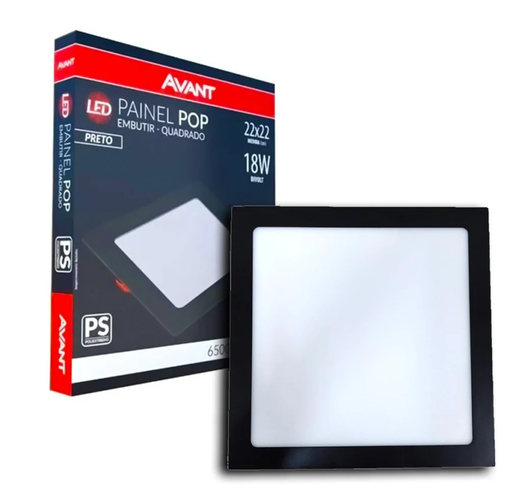 Painel Plafon LED Embutir Quadrado Preto 18W 22x22cm 6500K