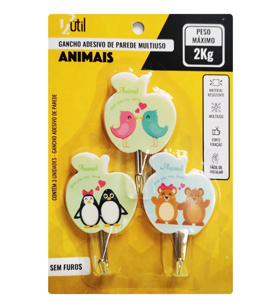Kit 3 Ganchos Adesivos Infantis de Animais para Parede 2kg