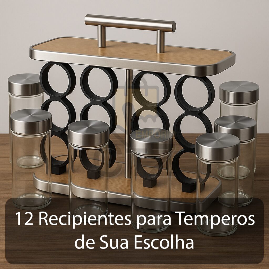 Porta Temperos Vertical 12 Potes de Vidro 90ml Base Madeira - Imagem 5