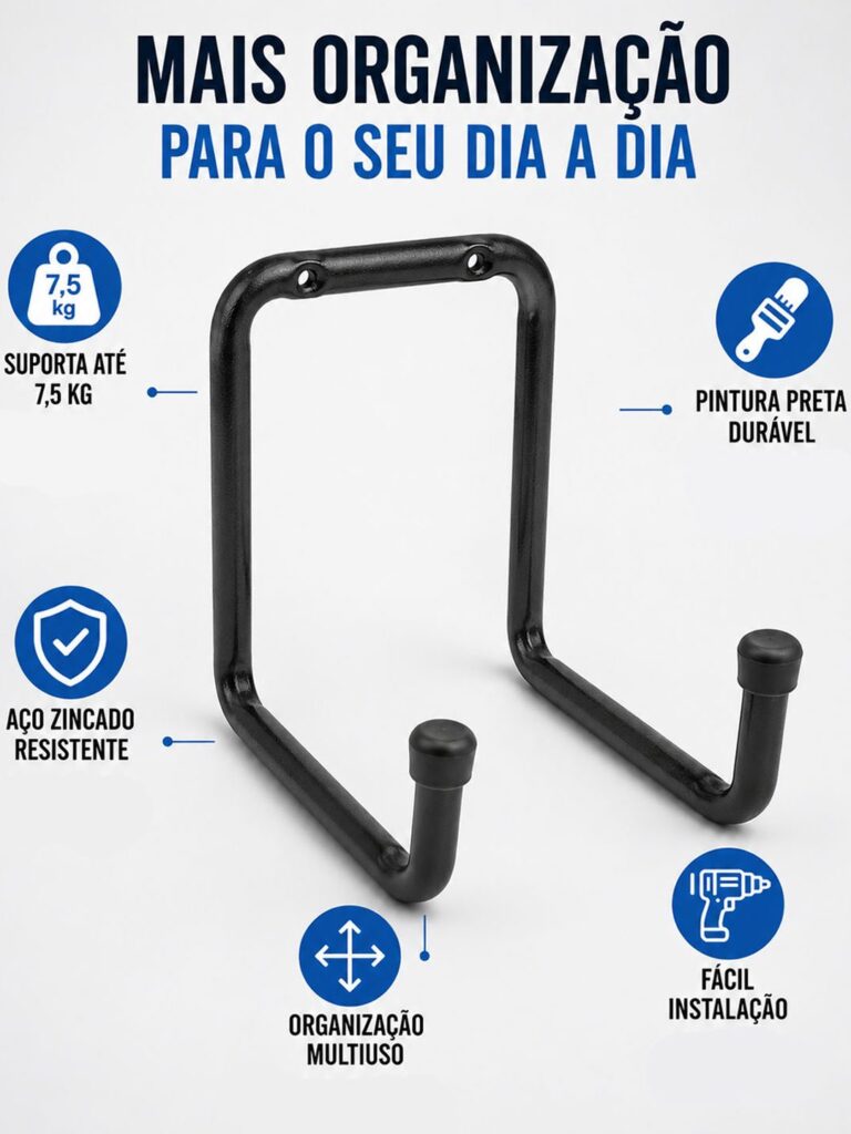 Gancho Duplo de Parede Pendure Tudo Aço Zincado Preto Maxeb