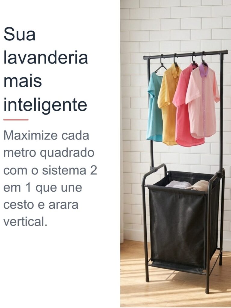 Cesto de Roupa com Arara Laundry em Aço Preto Secalux