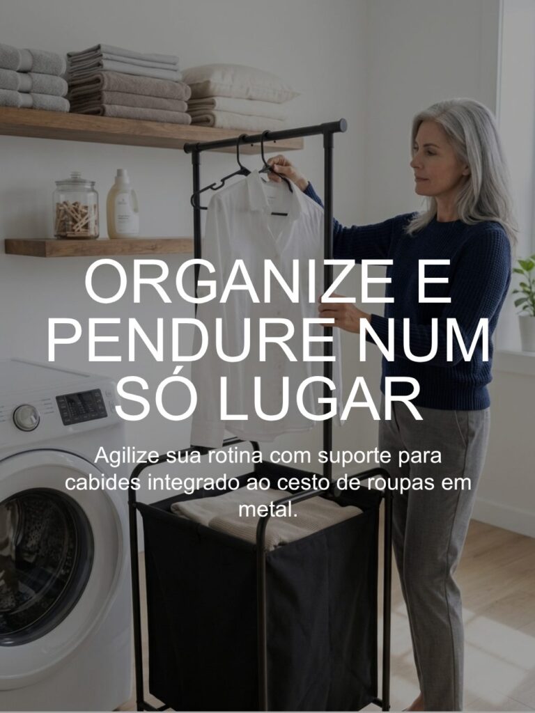 Cesto de Roupa com Arara Laundry em Aço Preto Secalux