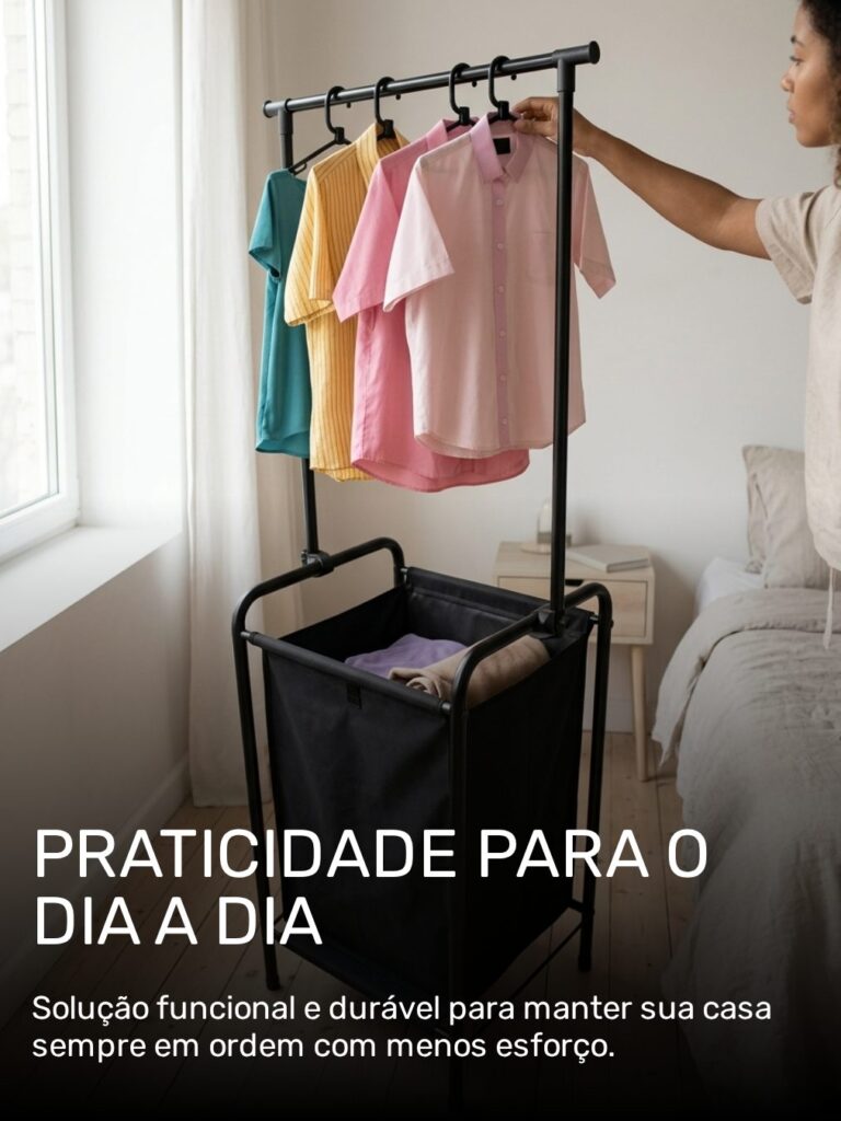 Cesto de Roupa com Arara Laundry em Aço Preto Secalux