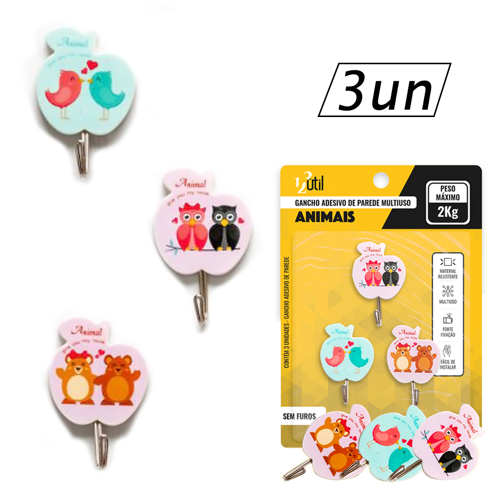 Kit 3 Ganchos Adesivos Infantis de Animais para Parede 2kg