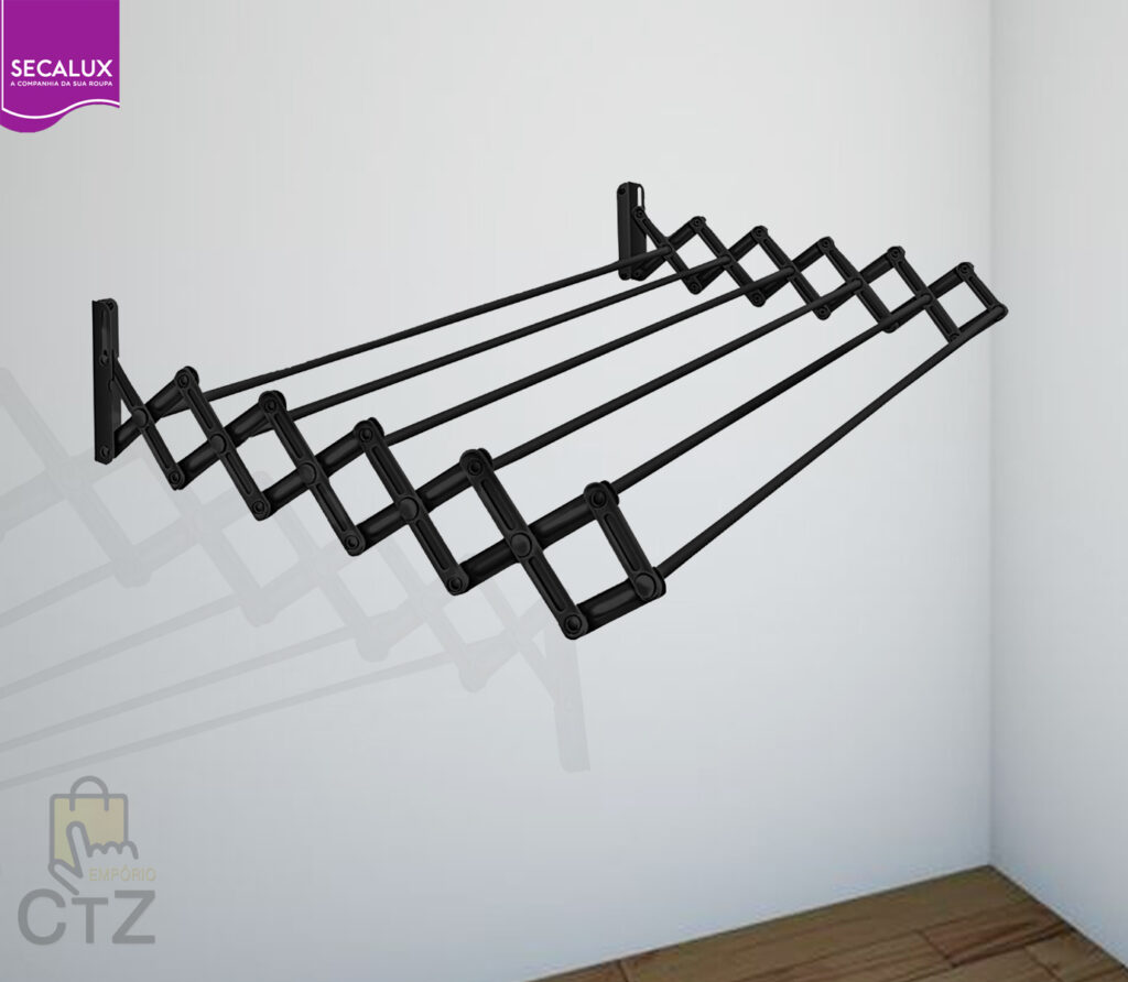 Varal Sanfonado de Parede Retrátil 80cm Preto - Imagem 4