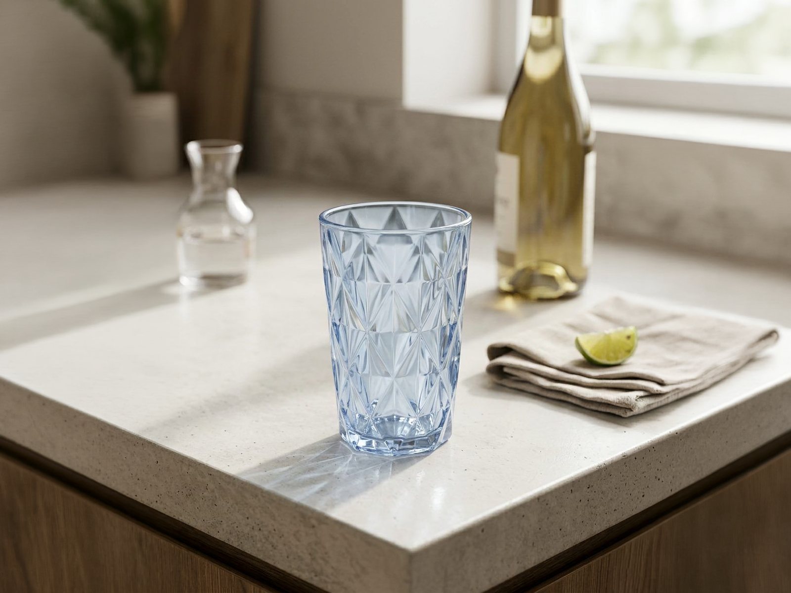 Copo de vidro Diamante azul sobre a bancada da cozinha