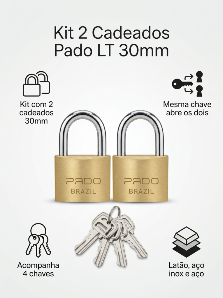 Cadeado de Latão 40mm Mesmo Segredo Kit 2 com 4 Chaves Pado - Imagem 5