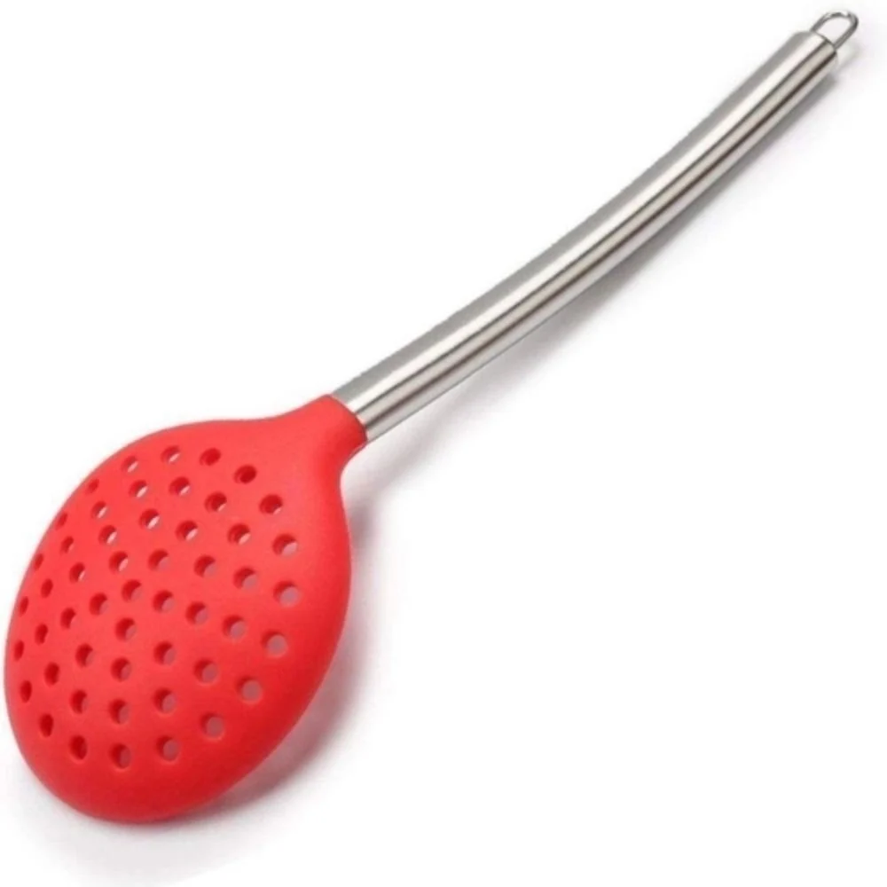 Escumadeira de Silicone com Cabo Inox 34cm Vermelha