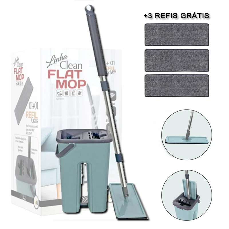 Mop Flat com Balde Limpa e Seca e 3 Refis de Microfibra