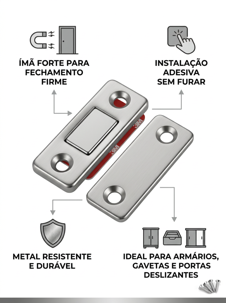 Fecho Magnético Adesivo para Armário e Gaveta Prata em Kit - Imagem 5
