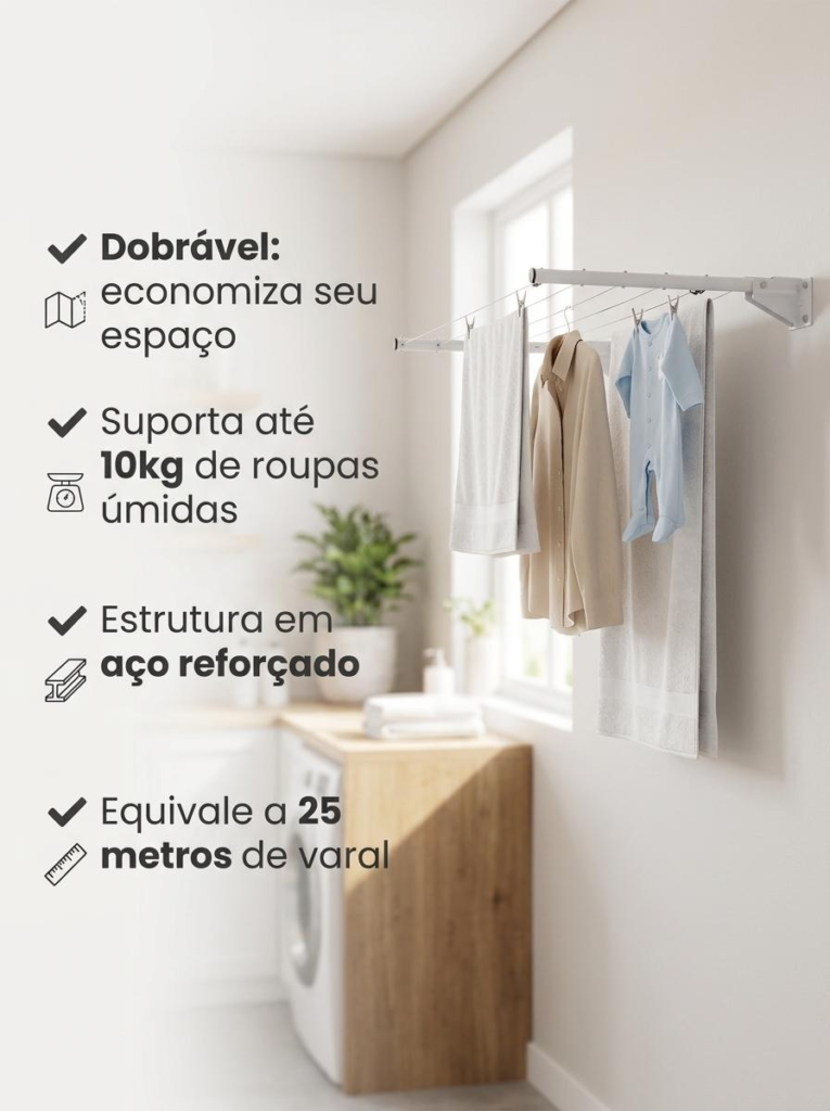 Varal de Parede Articulado Barcelona com Corda 25m Secalux - Imagem 6