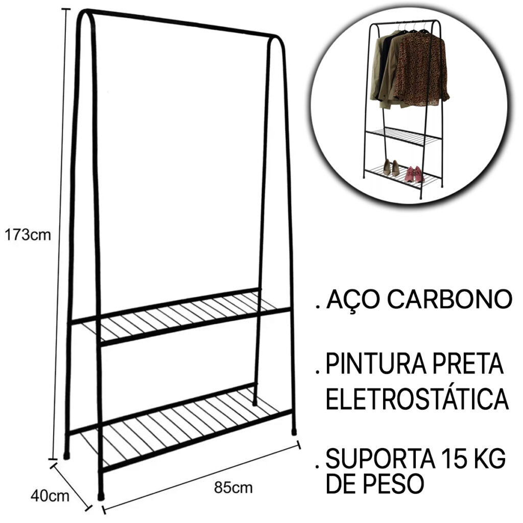 Arara de Roupas Expositora Closet Aço Preto Fosco 15kg - Imagem 2