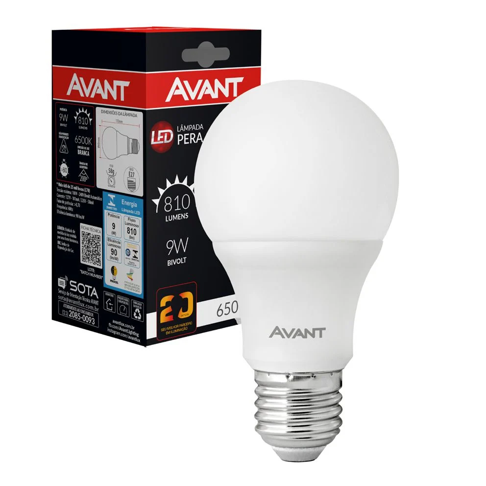 Lâmpada LED 9W Bulbo E27 Bivolt Branca Fria Avant